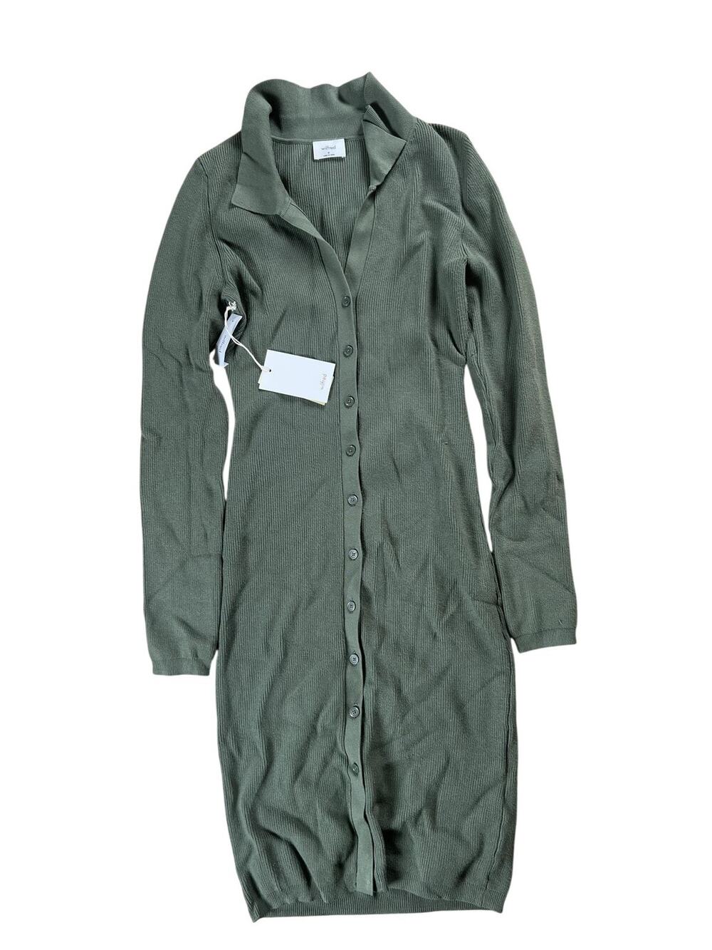 Wilfred Dress Womens M Green Ribbed Midi Shirt Dress Collared Button Stretch